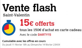 Darty 15&euro; offerts tous les 150&euro; d'achat, dans la limite de 45&euro;