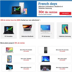 French Days Darty : 30&euro; de r&eacute;duction tous les 200&euro; d'achat sur une s&eacute;lection de PC Portables, MacBook, PC de bureau et Tablettes Samsung